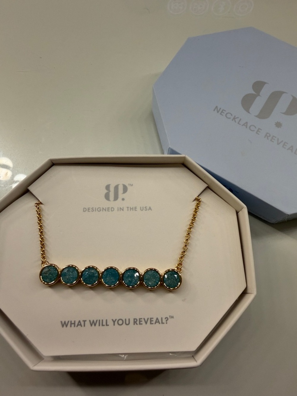 bp Gold Bar Necklace with Teal Druzy Discs - bp